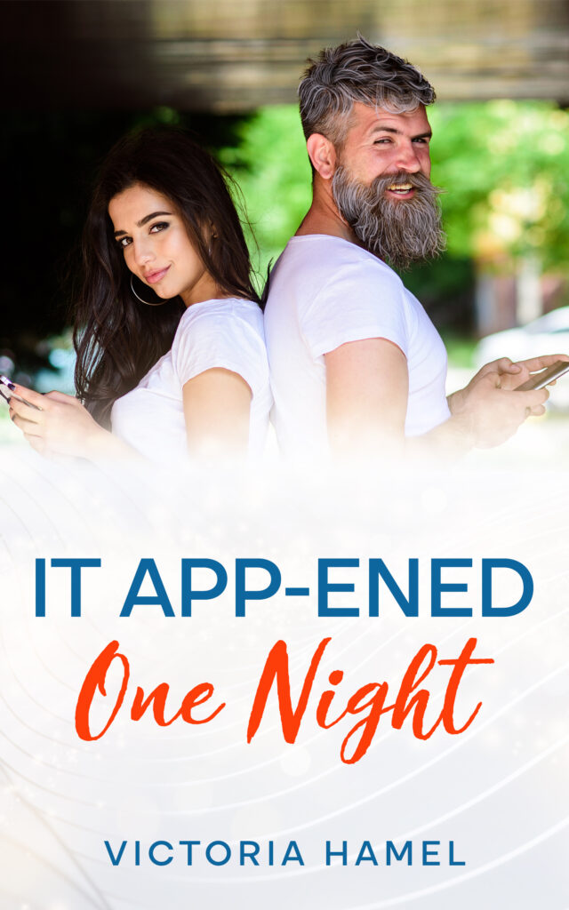A man and a woman back to back holding phone Text says It App-ened One Night