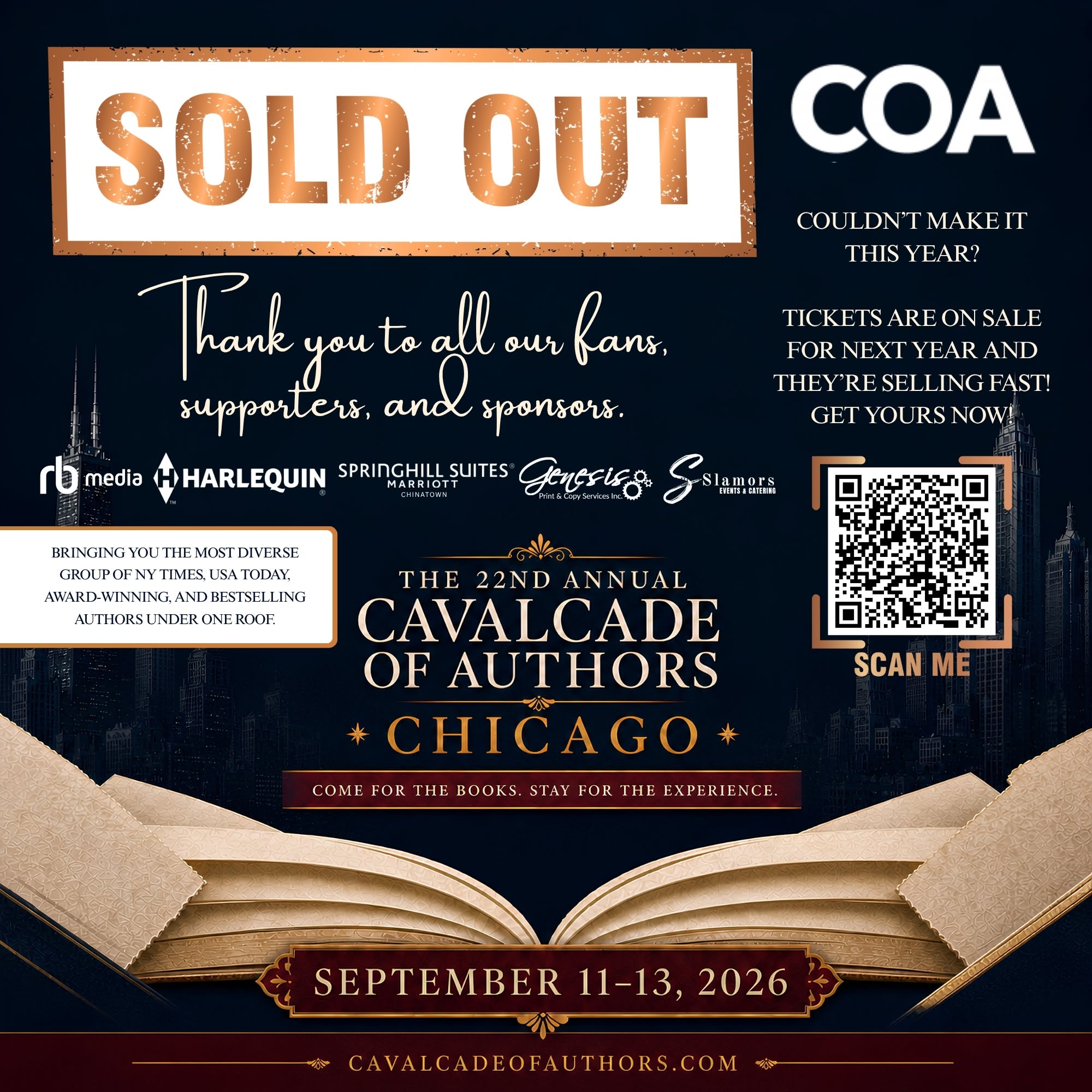 Yes, you read that right! The Friday night event is sold out!!! Thanks everyone! I can't wait to see you Friday night! Don't miss next year's event get your tickets today! #cavalcadeofauthors #printersrowbookfair,